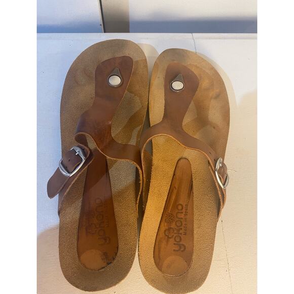 Yokono Leather Brown T Strap Thong Cork Footbed Flip Flop Adjustable Sandal 9.5 - Picture 5 of 7